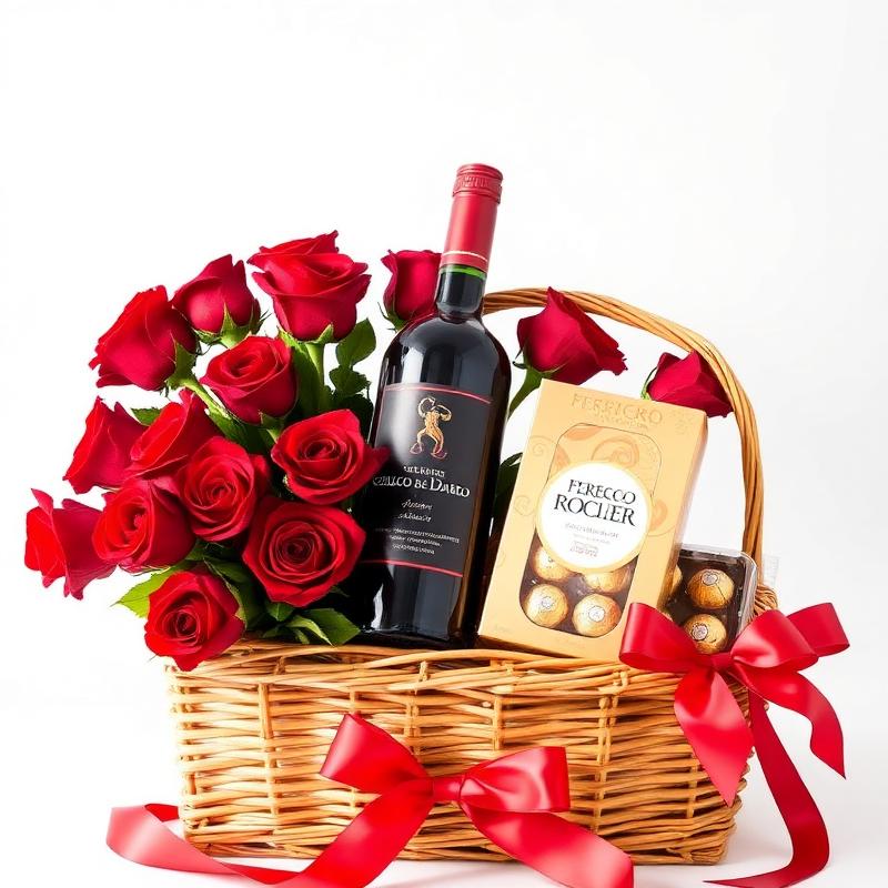 Cesta Romântica: Rosas + Vinho + Bombons