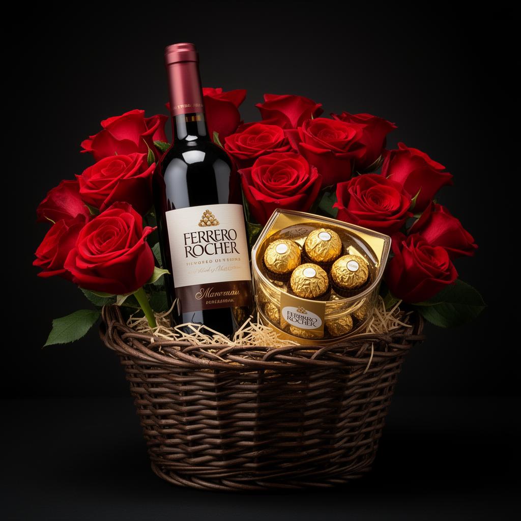 Combo Luxo: Rosas + Vinho + Bombons