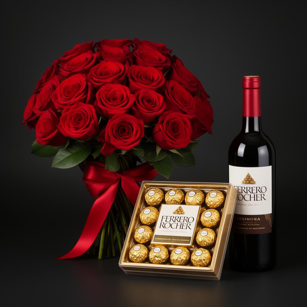 Combo Rosas + Chocolate + Vinho