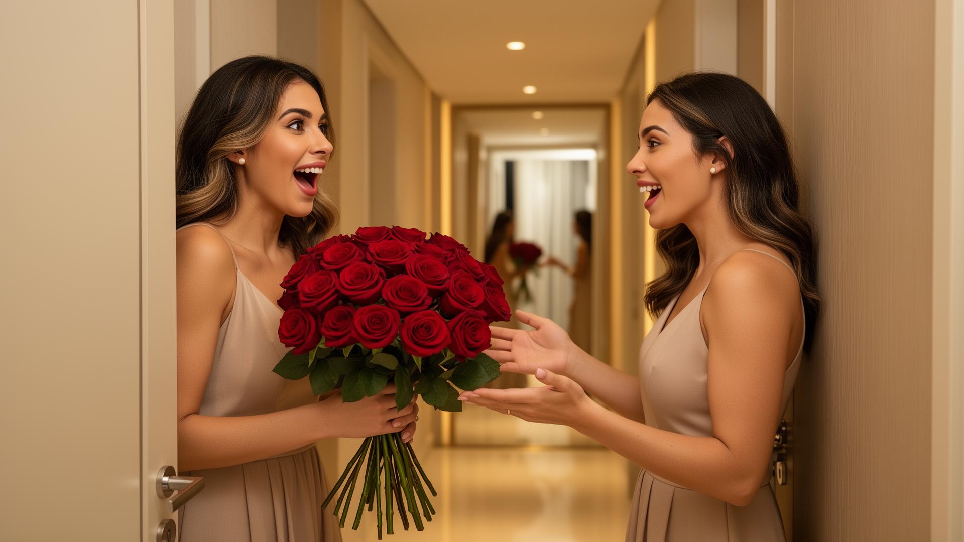 Entrega de flores premium Aurora Flores — mulher recebendo buquê de rosas